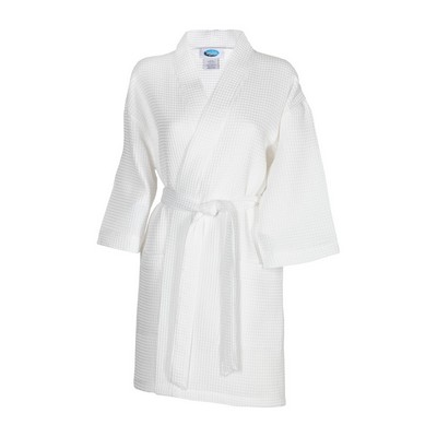 Thigh Length Waffle Weave Kimono Robe (White Robe, Embroidered)